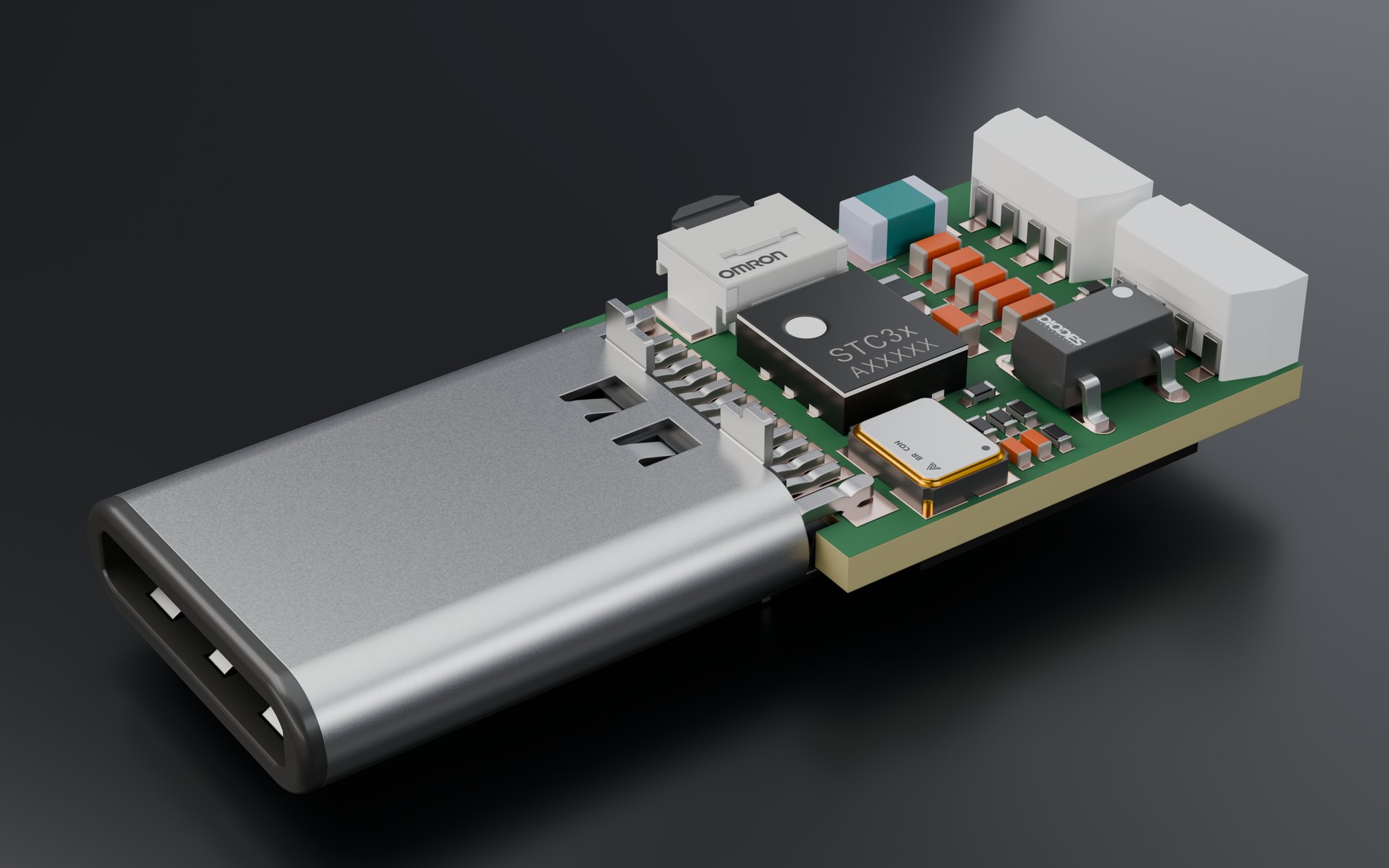 Path-traced rendering of a USB-C sensor board, generated from its CAD and Gerber files